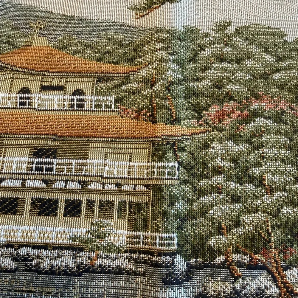 Vintage Japanese Gobelin Woven Tapestry Fabric Kyoto Kinkakuji Temple 16x12”